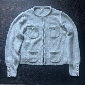 J Crew Odette Sweater Lady Jacket Gray Knit Cardigan Wool Blend sz L Old Money